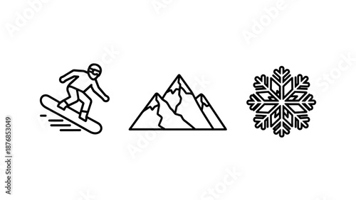 Collection of three simple line icons: a snowboarder in action, majestic mountains, and a delicate snowflake, ideal for winter sports and travel.
