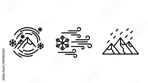 Minimalist icons illustrating winter weather conditions: swirling snow around a mountain, wind with snowflakes, and snowfall over peaks.