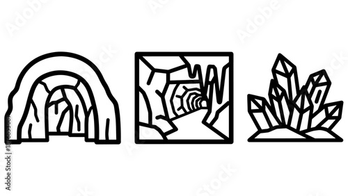 Set of three artistic icons exploring underground elements: a glacial cave entrance, a rocky tunnel, and a sparkling crystal cluster.