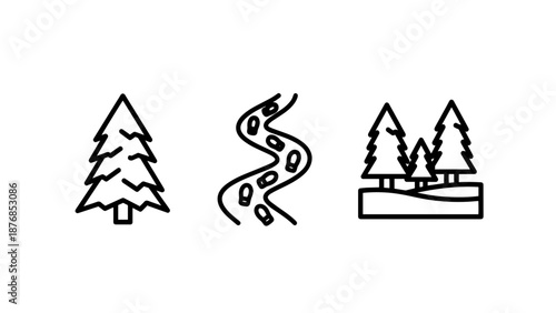 Set of three simple icons showcasing elements of nature: a solitary fir tree, a winding path with stones, and a forest scene with multiple trees.