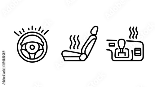 Icons representing car comfort features: a heating steering wheel, ventilated car seat, and gear shift with heat waves for ultimate driving luxury.