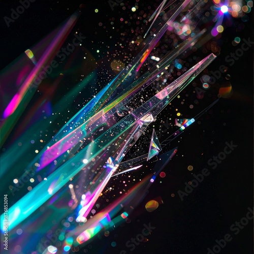 Abstract Shattered Glass with Blue and Pink Reflections on Black Background