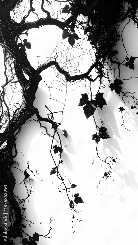 Obraz premium Abstract Black and White Branch with Leaves Silhouette Illustration