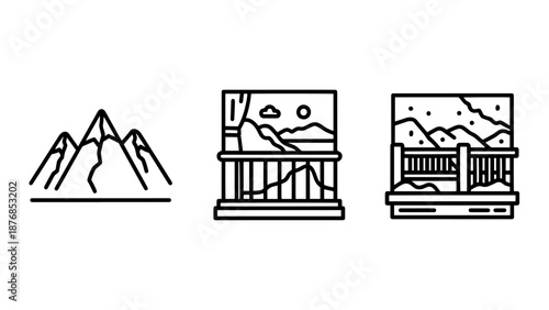 Three minimalist line art icons presenting mountain vistas seen through windows or balconies, evoking a sense of cozy observation and natural beauty.