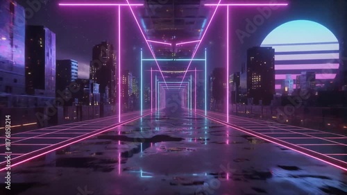 Neon cyberpunk corridor flythrough in futuristic city.