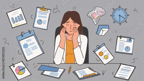 Overwhelmed businesswoman animation stressed by deadlines paperwork charts and ticking clock.