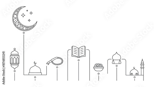 Islamic Symbol Design: An intricate linear illustration of iconic symbols. The serene composition depicts a crescent moon, minarets, a Quran, and other essential elements of Islam
