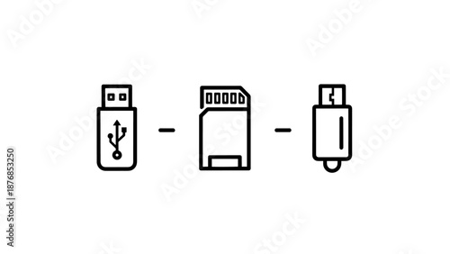 Set of three minimalist icons representing digital storage and connectivity: a USB flash drive, a memory card, and a USB-C connector.
