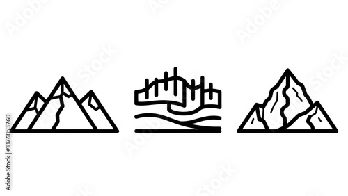 Three distinct line art icons featuring mountainous landscapes with different terrains and features, from rocky peaks to rolling hills.