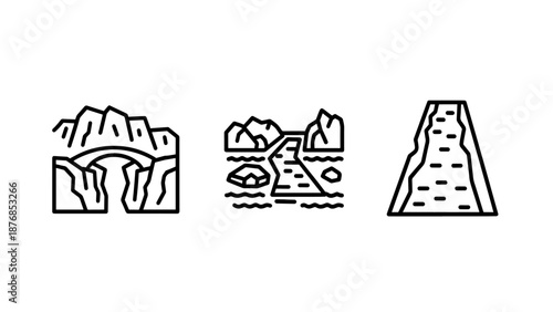 Set of three minimalist line art icons depicting bridges and rocky canyons, including a bridge built into a rock face and a waterfall flowing through a gorge.