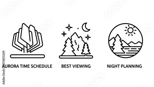 Minimalist icons for celestial events and night observation: stylized trees under aurora, constellations near mountains, and a sun icon for night planning.