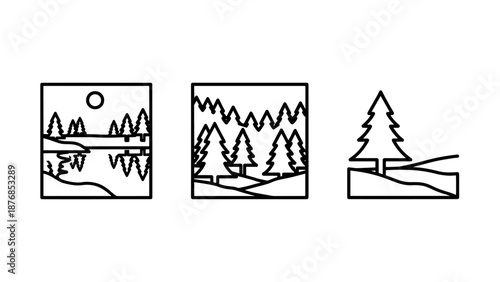 Collection of simple outline illustrations featuring natural landscapes: a lake reflecting trees, a dense forest, and a lone pine tree on a hill.