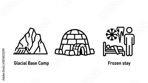 Three distinct icons representing extreme cold environments: a rugged mountain peak, an igloo, and a person sleeping in a frozen bed.