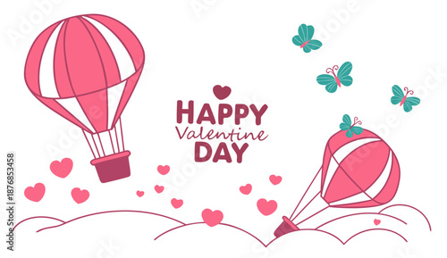 Happy Valentine's Day hot air balloons with hearts and butterflies
