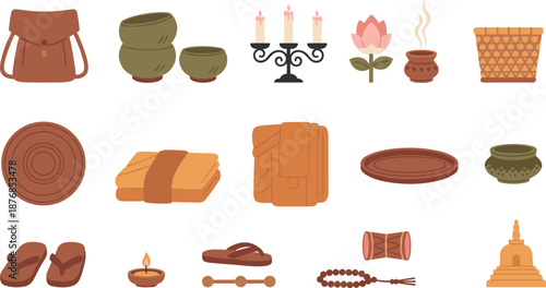 Buddhist Traditional Items Illustration Set Featuring Ritual Objects, Monastic Accessories and Cultural Elements