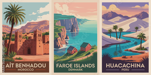 Vintage travel poster collection showcasing diverse global destinations