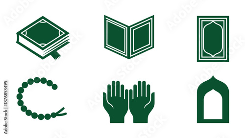 Islamic Symbols and Iconography: A collection of meticulously crafted, elegant line art icons, each representing core tenets of Islamic faith and practice.