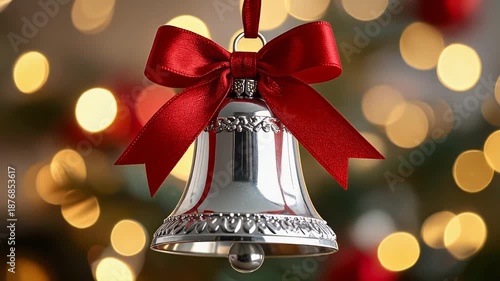 Silver Christmas bell ornament with red bow and warm bokeh lights.