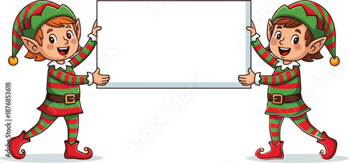  Two Happy Cartoon Christmas Elves Holding a Large Blank White Sign Board, Festive Holiday Mascot Character Vector Illustration for Winter Promotions