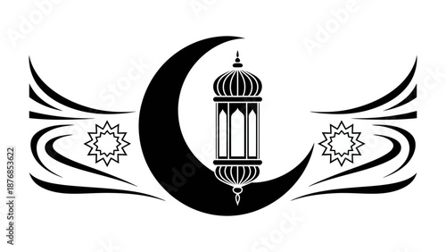 Celestial Ramadan Celebration: Captivating crescent moon and ornamental lantern with decorative starbursts on elegant design background, evoking a sense of tranquility. 
