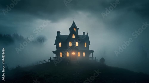 Haunted hilltop Victorian mansion as fog drifts through night.