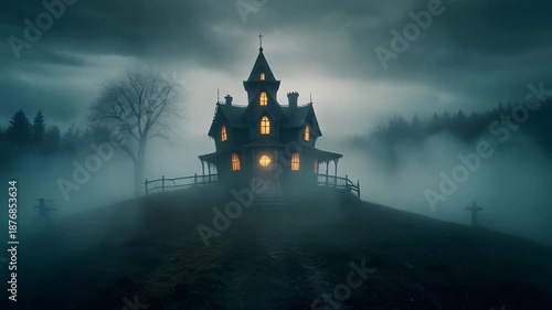 Eerie fog swirls around illuminated Victorian hilltop mansion at night.