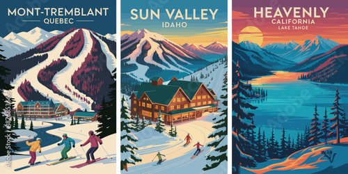Charming vintage-style posters of idyllic winter mountain scenes and ski resorts