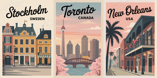 Nostalgic Collection of Illustrated Travel Posters Showcasing Global Cityscapes