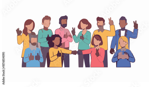 Happy people showing positive emotions with approval hand gestures flat vector illustration