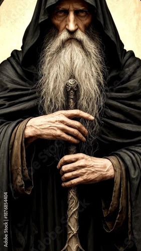 An elderly man with a long white beard wears a dark hooded robe. He holds a staff and stands against a circular background.