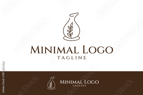 pottery logo with plants in line art design style
