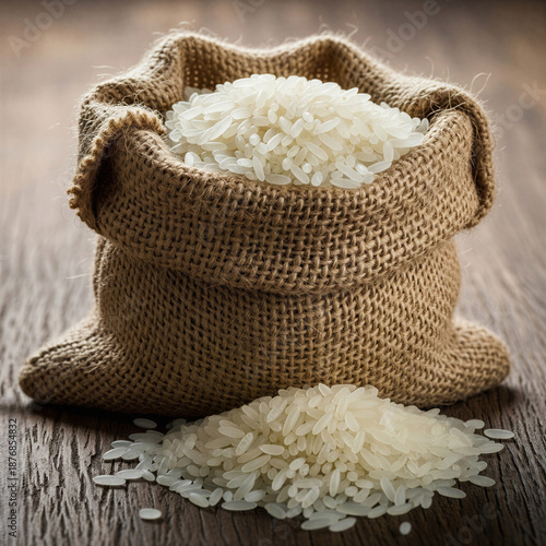 A burlap sack overflowing with white rice grains on a wooden surface