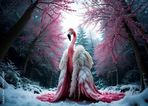A pink flamingo wearing white feathered wings and a fur coat sitting in snow covered forest with pink trees