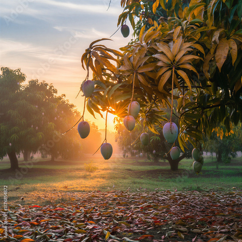 Mango tree with green mangoes and fallen leaves on the ground at sunrise in a tropical orchard