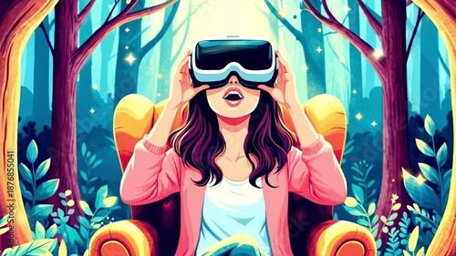 Young woman, excited mood, using VR headset, enchanted forest background