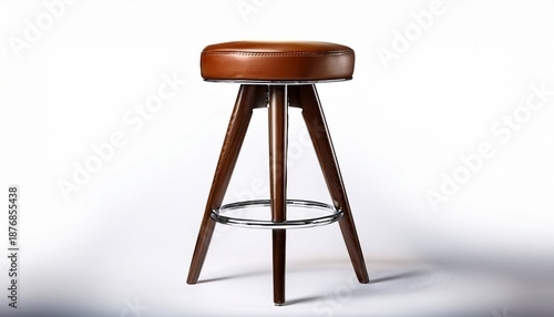 hyperealistic high quality leather barstool with wooden legs and metal footrest isolated on white background