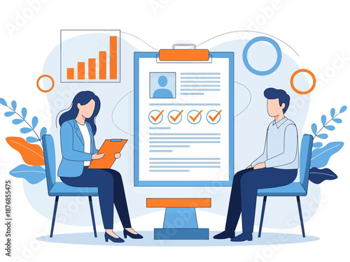 Employer meeting job applicant at pre-employment assessment. Employee evaluation, assessment form and report, performance review concept, flat vector modern illustration