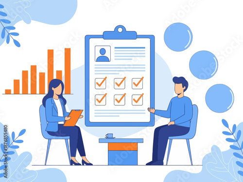 Employer meeting job applicant at pre-employment assessment. Employee evaluation, assessment form and report, performance review concept, flat vector modern illustration