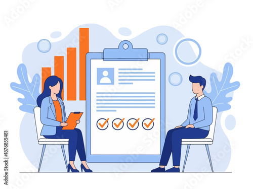 Employer meeting job applicant at pre-employment assessment. Employee evaluation, assessment form and report, performance review concept, flat vector modern illustration