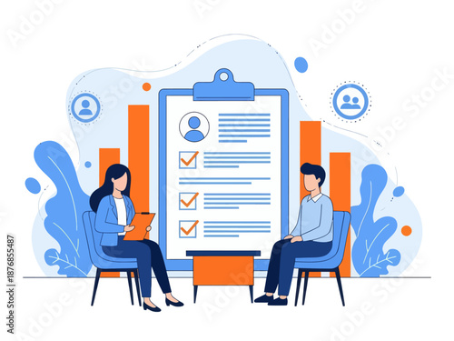 Employer meeting job applicant at pre-employment assessment. Employee evaluation, assessment form and report, performance review concept, flat vector modern illustration