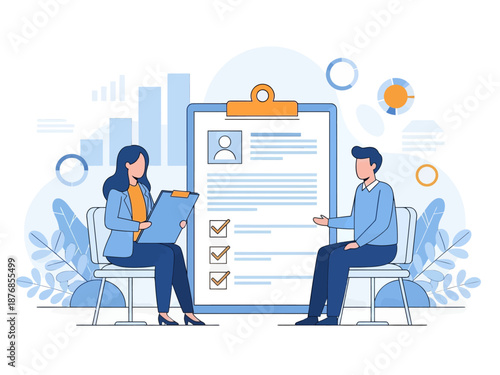 Employer meeting job applicant at pre-employment assessment. Employee evaluation, assessment form and report, performance review concept, flat vector modern illustration