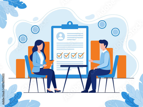 Employer meeting job applicant at pre-employment assessment. Employee evaluation, assessment form and report, performance review concept, flat vector modern illustration
