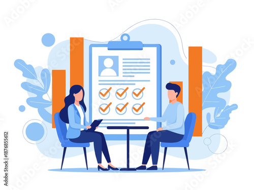 Employer meeting job applicant at pre-employment assessment. Employee evaluation, assessment form and report, performance review concept, flat vector modern illustration
