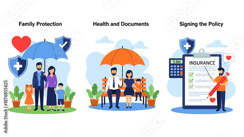 Health and life insurance concept, Family standing under insurance umbrella, Man fills out health insurance form, set flat vector modern illustration
