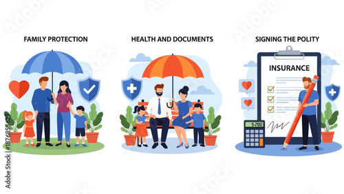 Health and life insurance concept, Family standing under insurance umbrella, Man fills out health insurance form, set flat vector modern illustration
