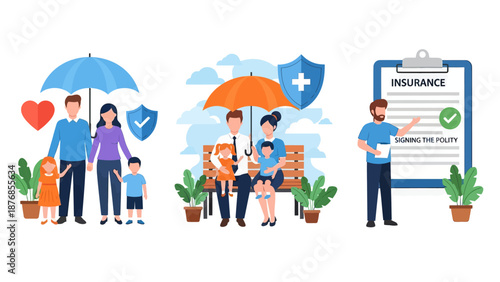 Health and life insurance concept, Family standing under insurance umbrella, Man fills out health insurance form, set flat vector modern illustration

