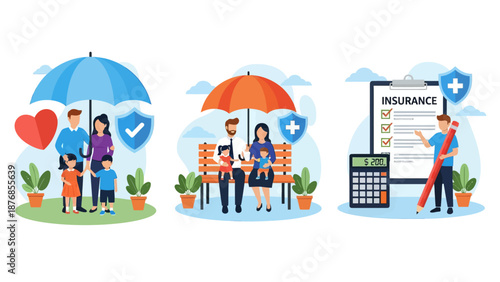 Health and life insurance concept, Family standing under insurance umbrella, Man fills out health insurance form, set flat vector modern illustration
