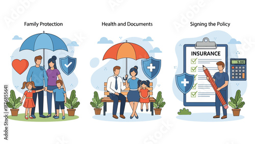 Health and life insurance concept, Family standing under insurance umbrella, Man fills out health insurance form, set flat vector modern illustration
