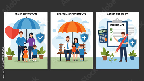 Health and life insurance concept, Family standing under insurance umbrella, Man fills out health insurance form, set flat vector modern illustration
