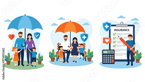 Health and life insurance concept, Family standing under insurance umbrella, Man fills out health insurance form, set flat vector modern illustration
